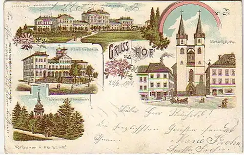 09997 Ak Lithographie Gruss aus Hof Bahnhof 1900