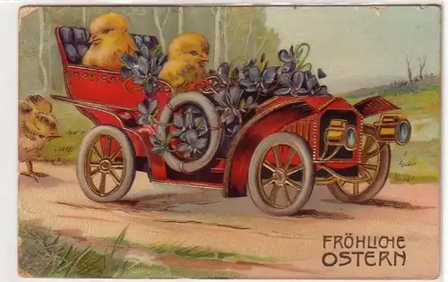 09978 Pâques Ak 2 poussin conduire automobile 1909