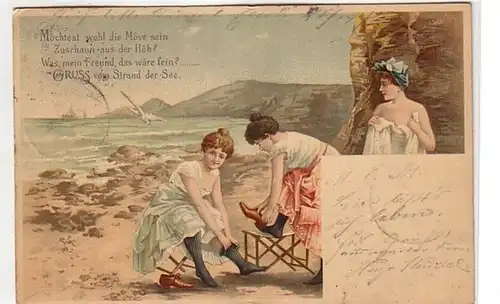 09905 Erotik Ak 3 Damen beim Baden am Meer 1900