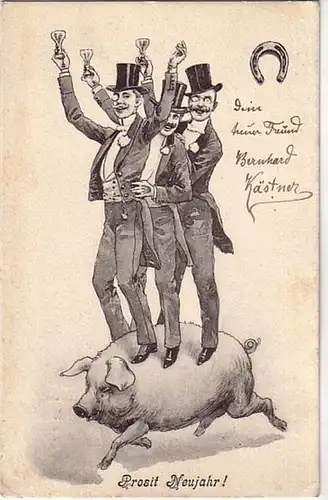 09904 Humor Ak 3 Herren im Frack auf einem Schwein 1902