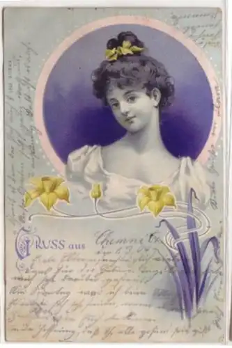 09313 Jugendstil Ak Mädchen mit Osterglocken 1904