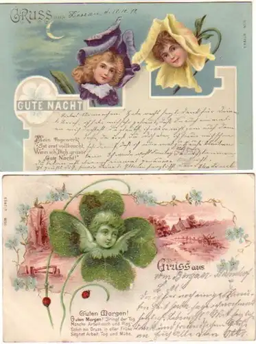 09287/2 Ak Lithographies Fleurs avec des visages vers 1900