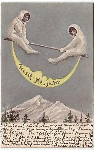 09257 Nouvel An Ak 2 enfants branlent sur la lune 1903