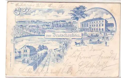08763 Ak Lithographie Gruß aus Deutschnbora Gasthof, Bahnhof 1900
