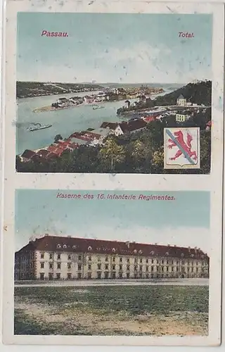 08722 Ak Passau Totalansicht, Kaserne des 16. Infanterie Regiments 1946