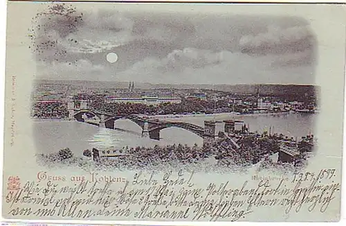 08719 Mondscheinkarte Gruß aus Koblenz Rheinbrücke 1899