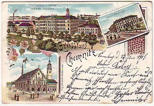 08469 Ak Lithographie Gruss aus Chemnitz Bahnhof 1901