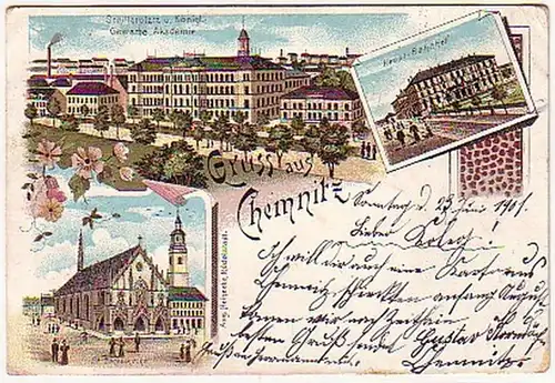 08469 Ak Lithographie Gruss de Chemnitz Gare 1901