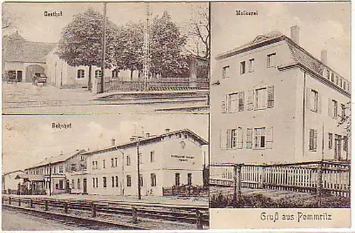 08468 Ak Gruß aus Pommritz Bahnhof, Gasthof usw. um 1910