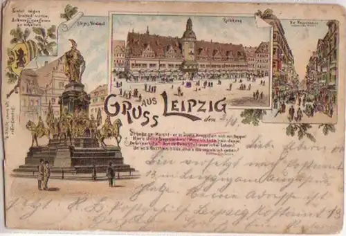 08459 Litho Gruss de Leipzig Petersstrasse etc. 1895