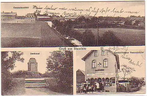 08454 Ak Gruß aus Stauchitz Geschäftshaus usw. um 1920