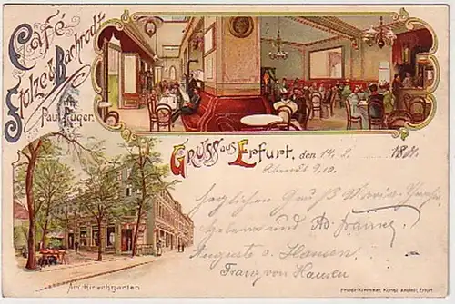 08421 Ak Lithographie Gruß aus Erfurt Cafe 1901