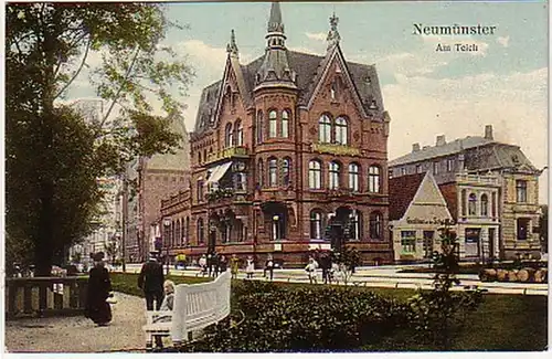 07747 Ak Neumünster am Teich mit Buchdruckerei um 1910