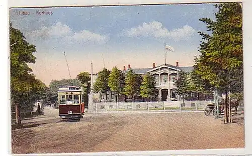 07620 Ak Libau Kurhaus mit Straßenbahn davor um 1920