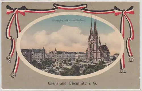 07617 Ak Gruß aus Chemnitz Körnerplatz mit Denkmal 1910