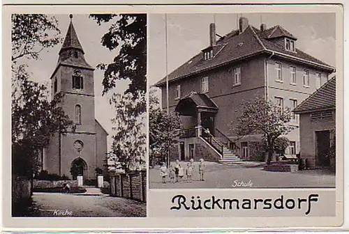 07056 Ak Rückmarsdorf Kirche und Schule um 1940