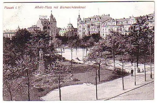 07007 Ak Plauen Albert Platz mit Bismarckdenkmal 1915