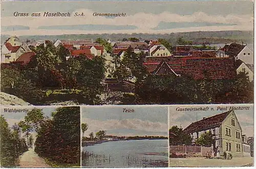 06956 Ak Gruß aus Haselbach S.-A. Gasthaus usw. um 1915