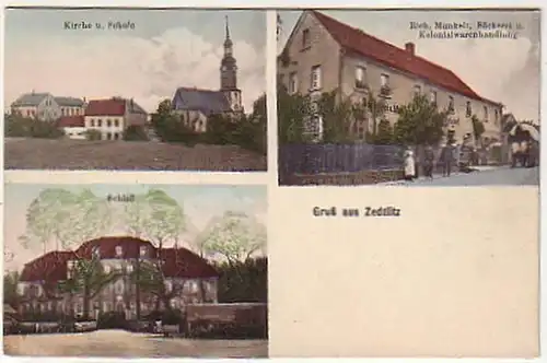 06907 Ak Gruß aus Zedlitz Bäckerei usw. um 1920
