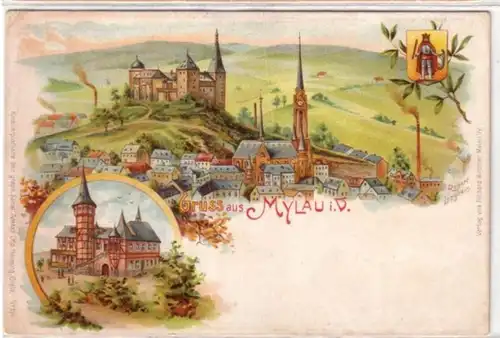 06686 Ak Lithographie Salutation de Mylau dans le Vogt. vers 1900