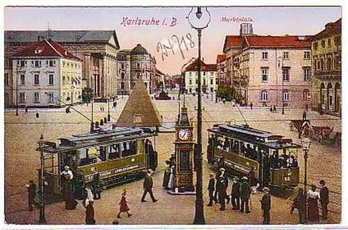 06516 Ak Karlsruhe Marché avec tramways autour de 1920