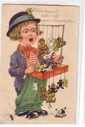 06286 Humor Ak Kind mit Bauchladen voll Spielzeug 1925