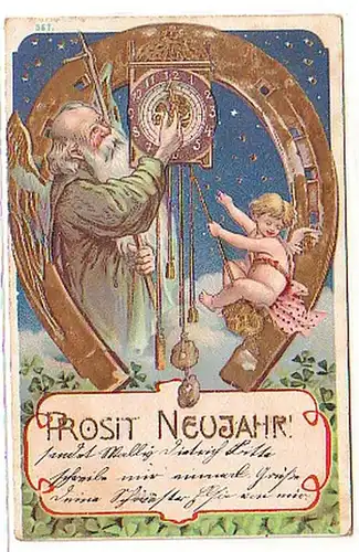 06220 Präge Ak Neujahr mit Engeln und Hufeisen 1905