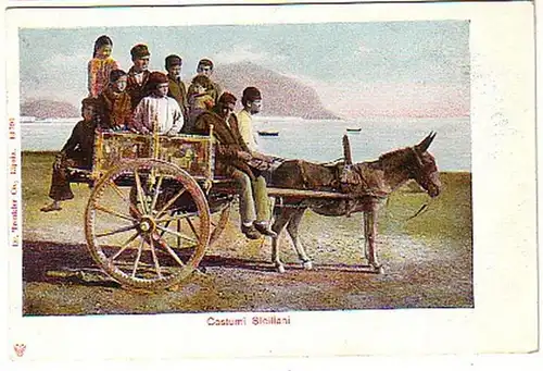 06014 Ak Sizilien Eselkarren mit Kindern um 1900