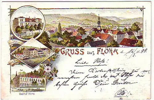 05261 Ak Gruß aus Flöha Bahnhof, Gasthof usw. 1899