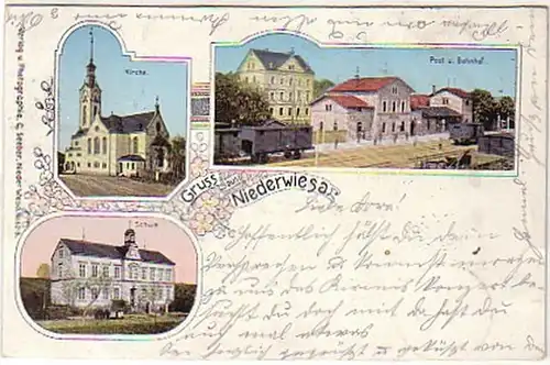 05141 Ak Gruß aus Niederwiesa Bahnhof, Post usw. 1902