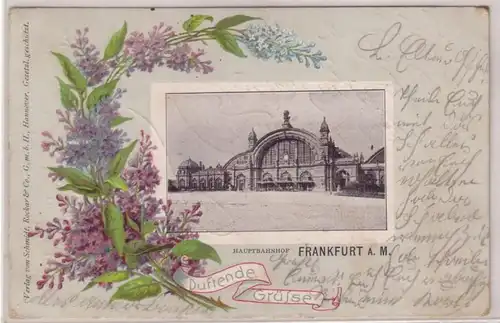 05099 Ak Lithographie Duftende Grüße Frankfurt am Main Hauptbahnhof 1903