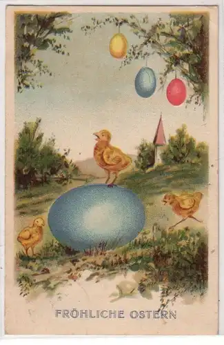 04688 Fröhliche Ostern Präge Ak 3 Küken mit Ostereiern 1908