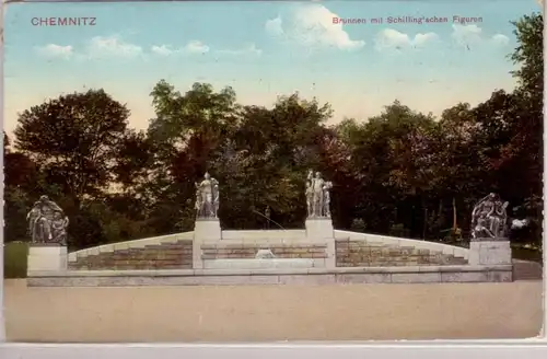 04593 Ak Chemnitz Brunnen Schilling'sche Figuren 1914