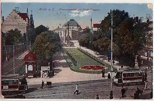 04413 Ak Hall Altepromenade avec tramways 1921