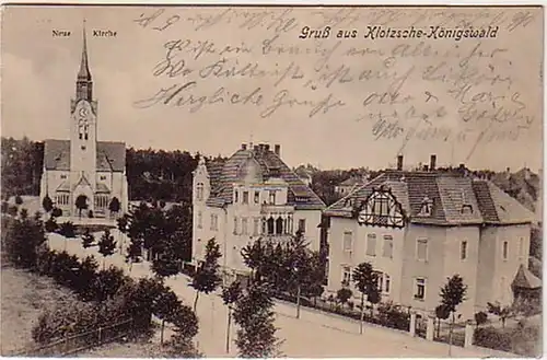 03950 Ak Gruß aus Klotsche Königswald neue Kirche 1908