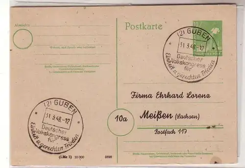 03764 Carte de tout ce qui est écrit sur le timbre spécial Deutscher Volkskongress Guben 1948