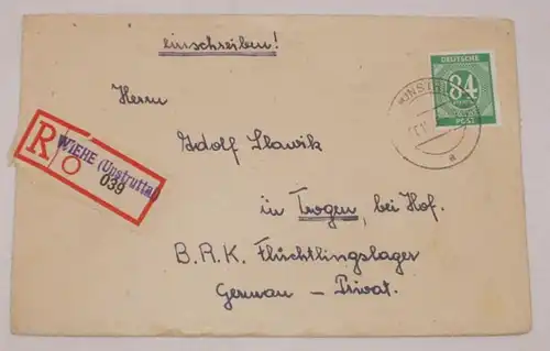 03665 alter Einschreibebrief Wiehe im Unstruttal 1946