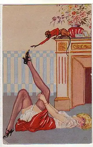 03008 Ak érotique fille avec singe vers 1920