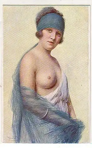 02890 Ak Erotik Nackte Dame mit blauem Tuch um 1930