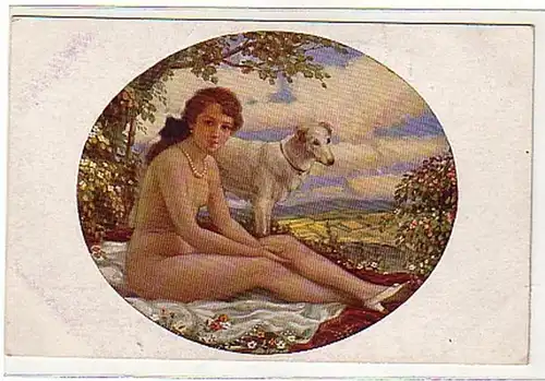 02875 Ak Erotik Nacktes Mädchen mit Hund um 1920
