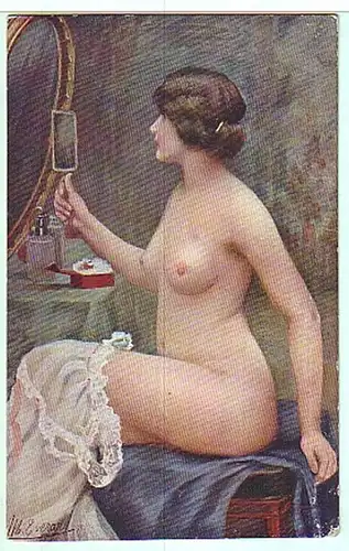 02851 Ak Erotik nacktes Mädchen vor Spiegel um 1920