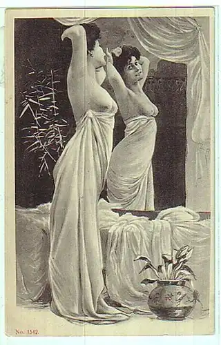 02848 Ak Erotik nackte Dame mit Tuch vor Spiegel um1910