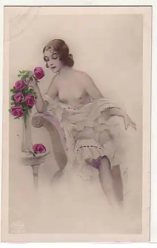 02837 Ak érotique fille nue avec bouquet de roses vers 1930