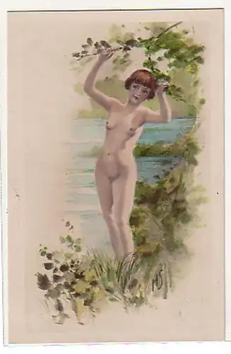 02833 Ak érotique Fille nue dans le vert vers 1930