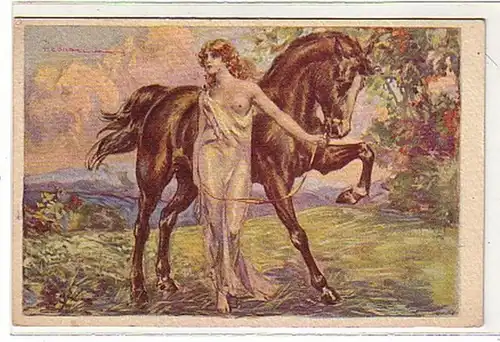 02830 Ak érotique Fille nue avec cheval vers 1924