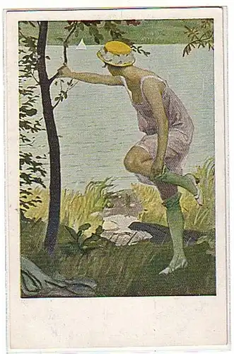 02791 Ak Erotik Dame beim Baden am See um 1920