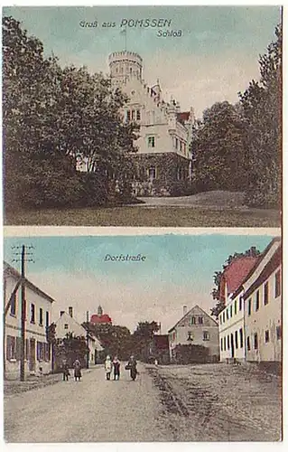02741 Ak Gruß aus Pomssen Dorfstrasse, Schloß um 1915