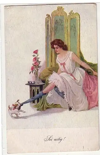 02713 Ak Erotik "Sei artig!" Mädchen mit Hund um 1920