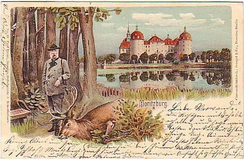 02690 Künstler-Ak Moritzburg mit Jäger u. Hirsch 1900