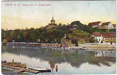 02584 Ak Halle a.S. Saalepartie mit Bergschenke 1906